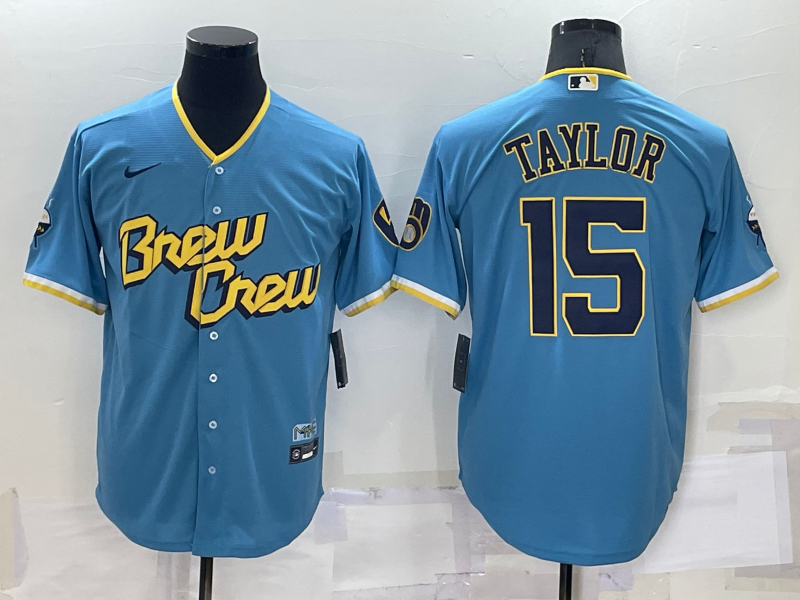 Men's Blue Milwaukee Brewers #15 Tyrone Taylor 2022 Powder City Connect Cool Base Stitched Jersey